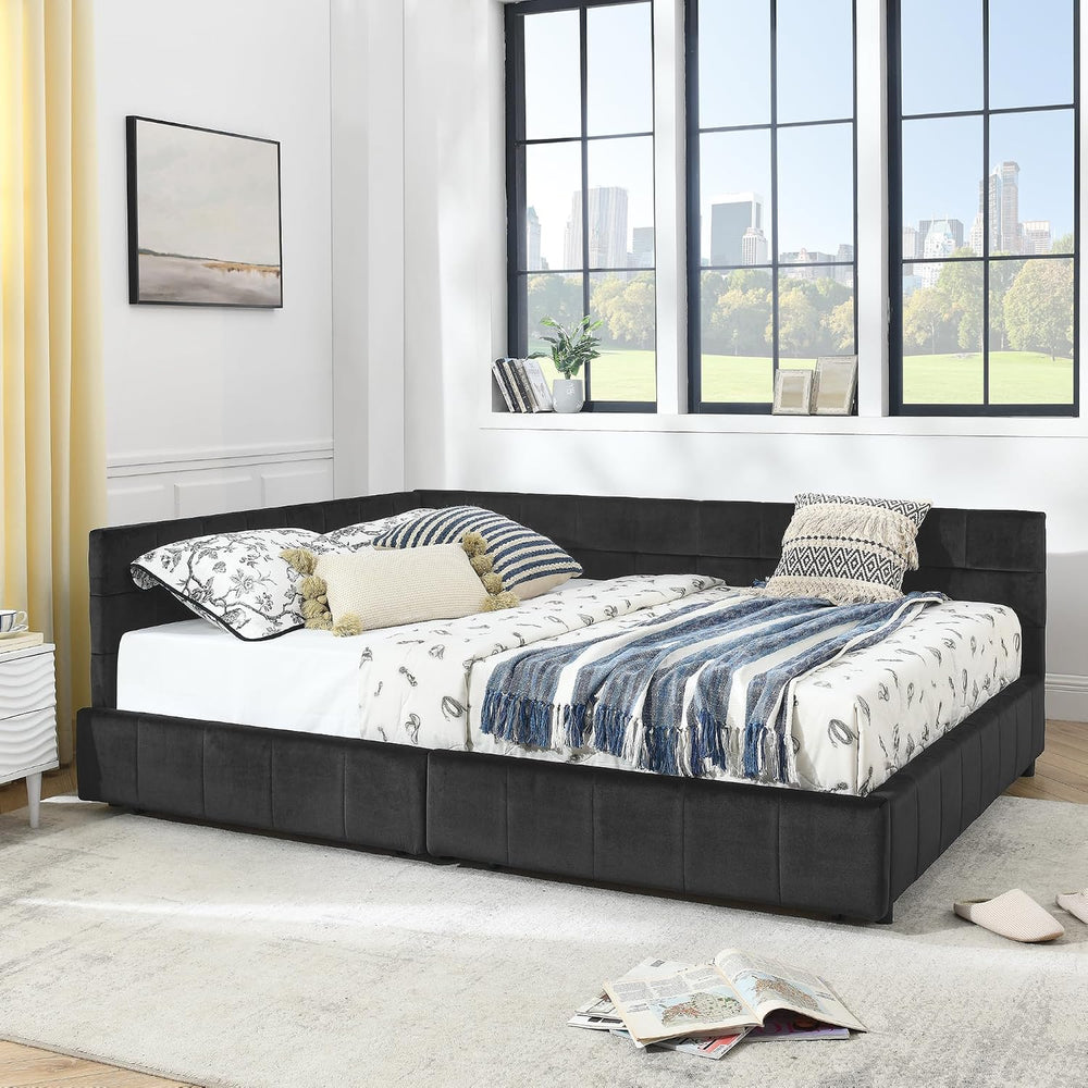 King Size Storage Bed Frame with Upholstered Tufted Headboard, Platform Bed w...