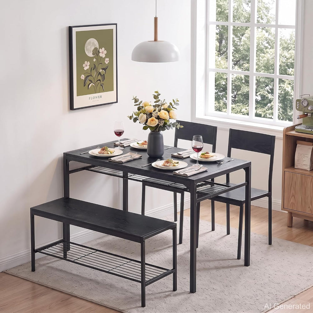 VECELO Kitchen Dining Room Table with 2 Chairs & Bench, Compact Space-Sav...