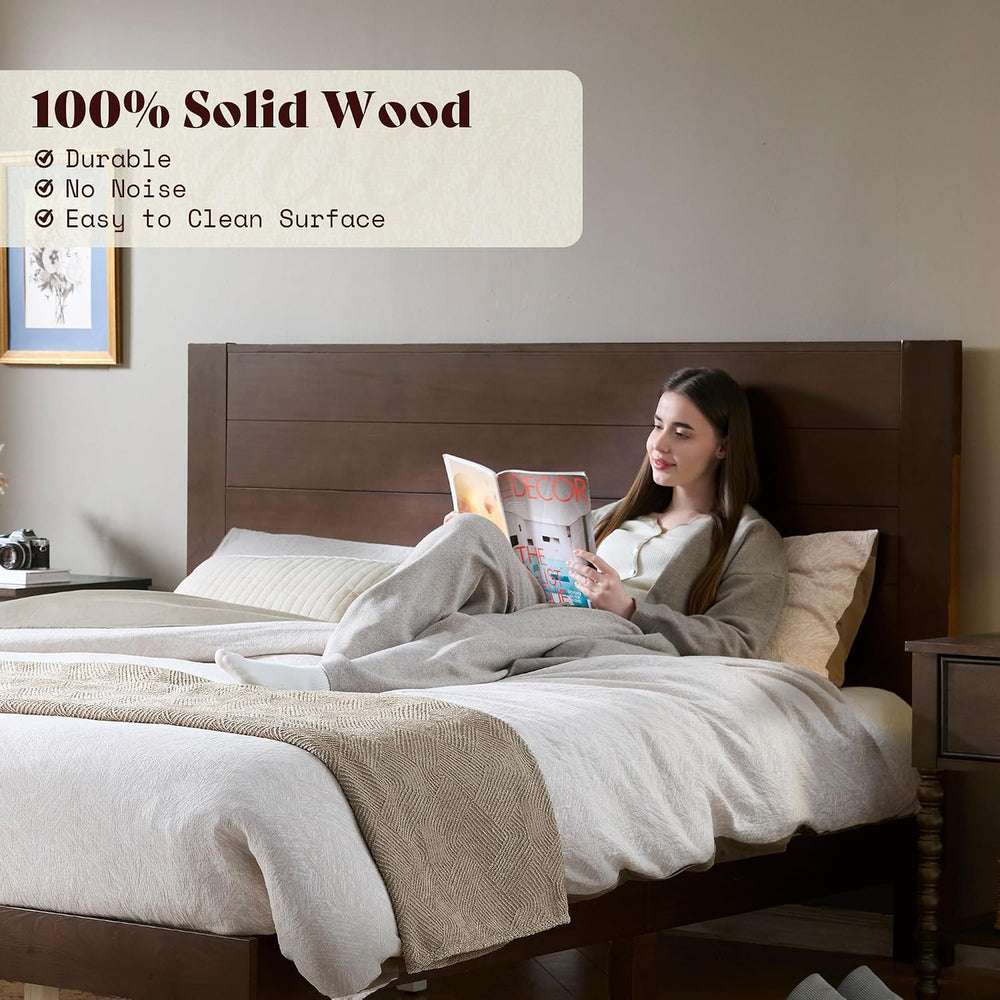 AMERLIFE Queen Size Solid Wood Bed Frame with 48" Headboard Design, Walnut