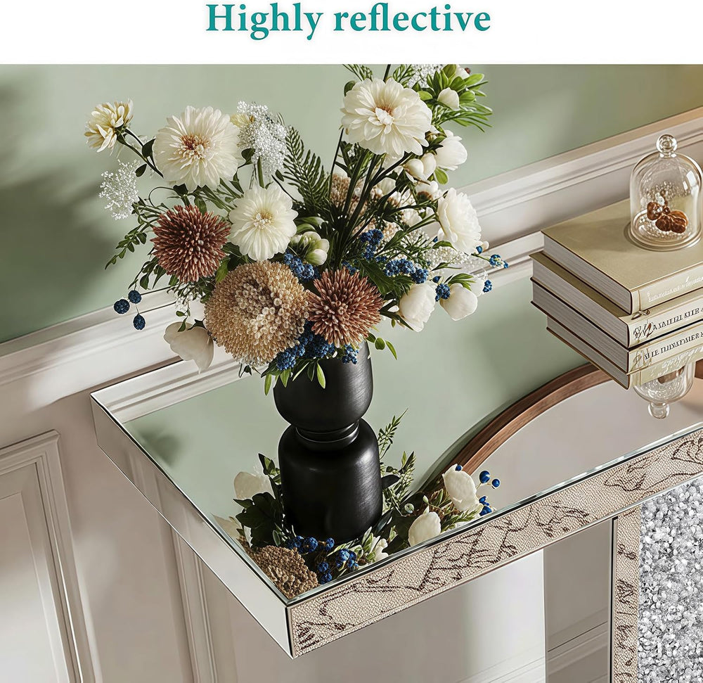 Silver Mirrored Console Table with Crushed Diamond Inlay, 39.4'' Long...
