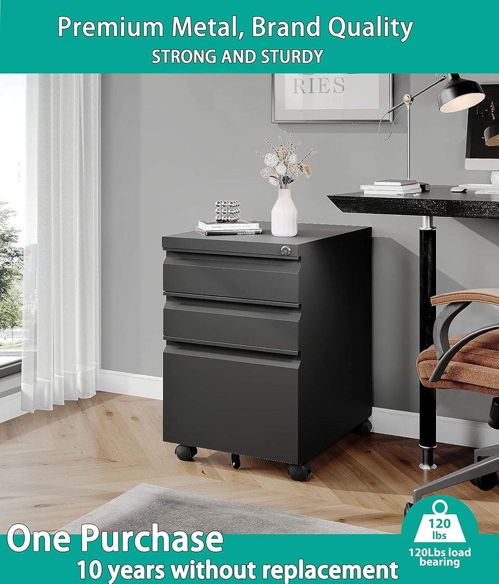 SISESOL 3 Drawer Mobile File Cabinet with Lock,Black Under Desk File Cabinets...
