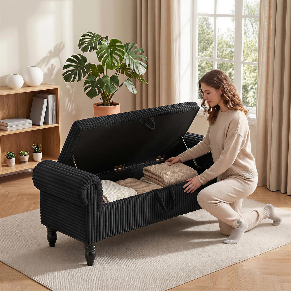 55" Storage Ottoman Bench, Corduroy End of Bed Bench for Bedroom, Black ...