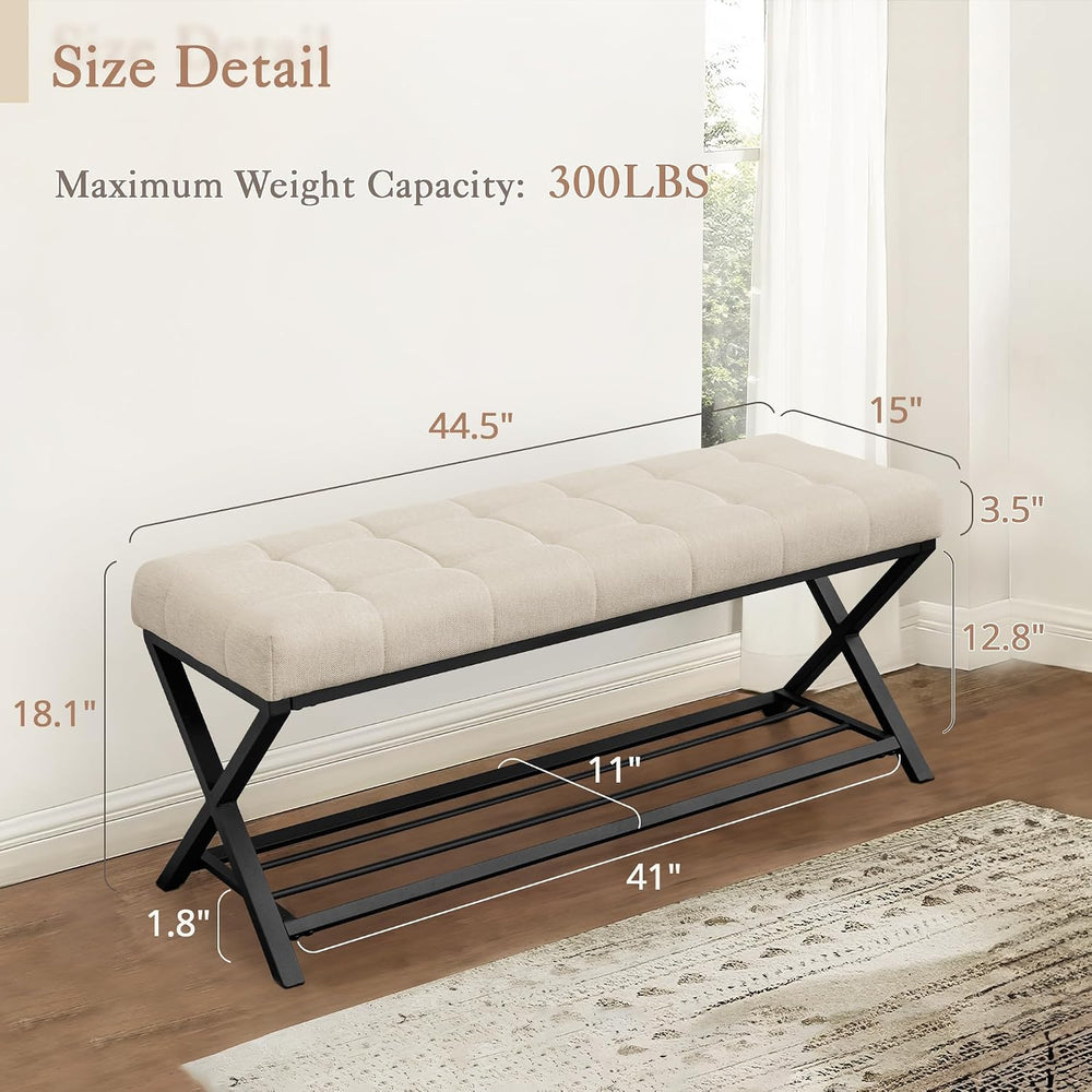 LUE BONA 44.5” End of Bed Bench with Shelf, Linen Tufted Upholstered Storage ...