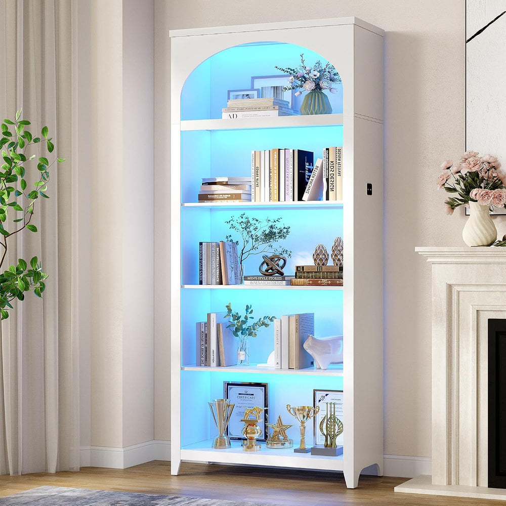 Arched Bookshelf with LED Lights, 70" White Bookcase for Bedroom