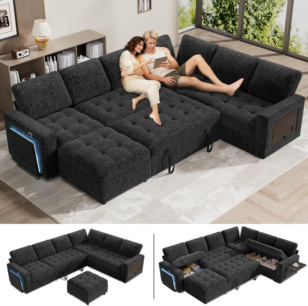 WEUP 7 Seat L Shaped Sectional Sleeper Sofa Bed with Pull Out Bed, Chenille S...