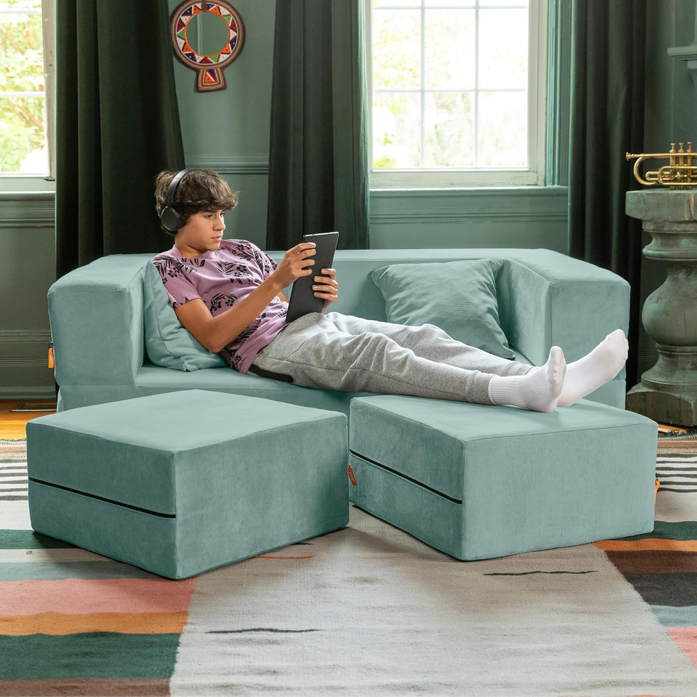 Jaxx Zipline Convertible Sleeper Loveseat & Ottomans, Textured Microvelve...