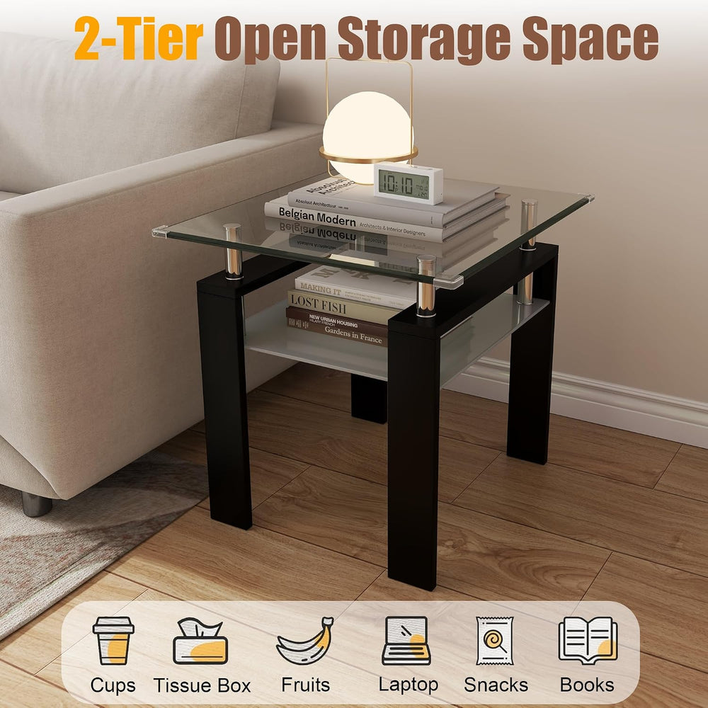 2-Tier End Table with Tempered Glass Top and MDF Frame, Modern Black Square S...