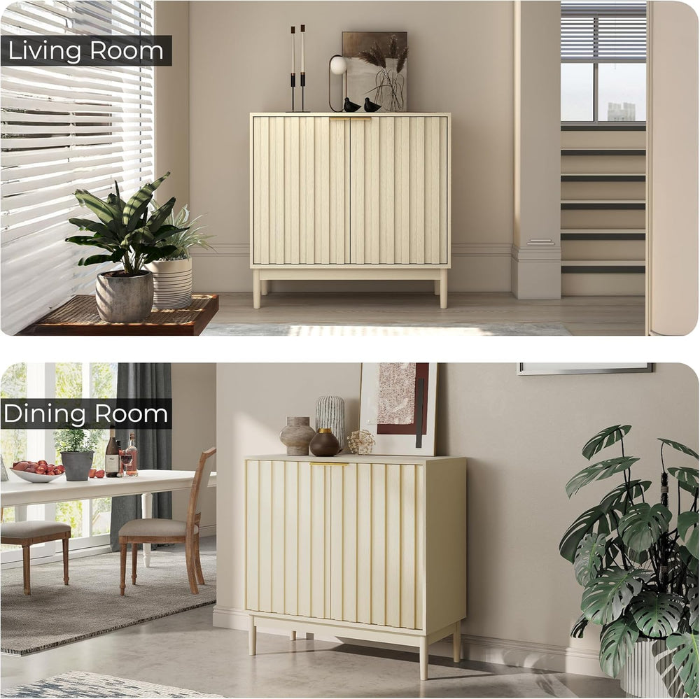 Fluted Cabinet with Storage, Buffet Cabinet Sideboard with 2 Doors, Beige Buf...