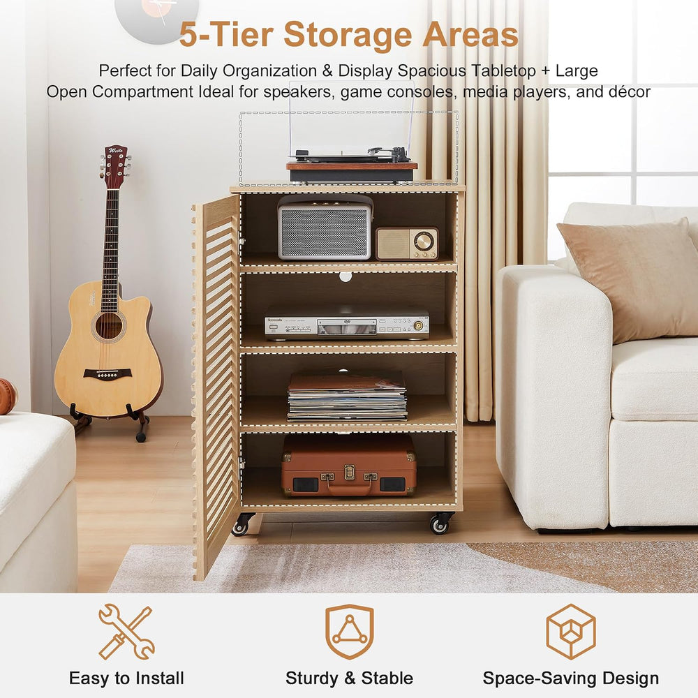 LEVNARY 5-Tier AV Media Cabinet with Grille Door & Adjustable Shelves, Mo...