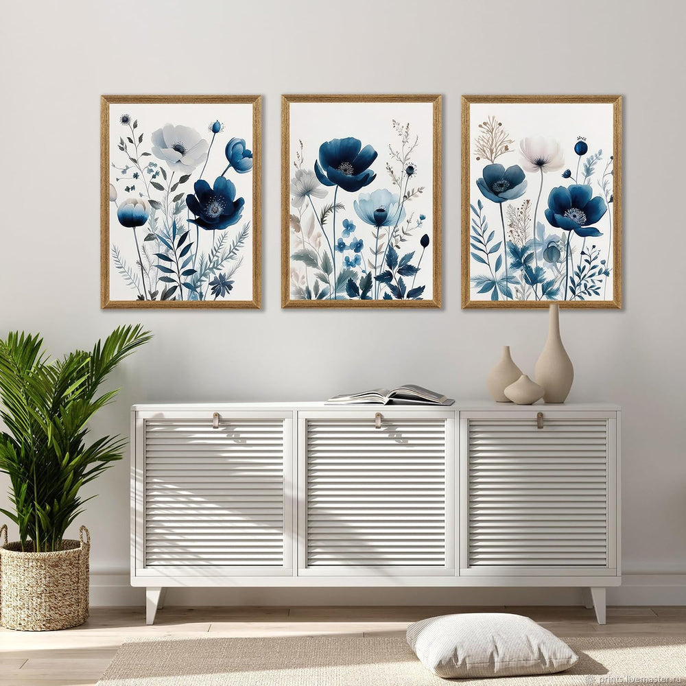DUWQU Triptych Navy Blue Watercolor Botanical Floral Wall Art 12x16 in x3