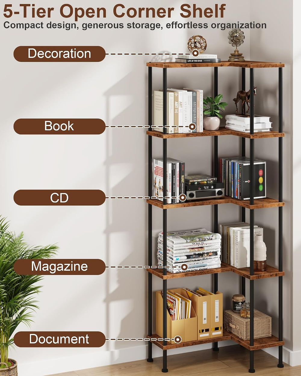 HIGDBFE 5-Tier L-Shaped Corner Bookshelf, 60" Tall Modern Corner Shelf