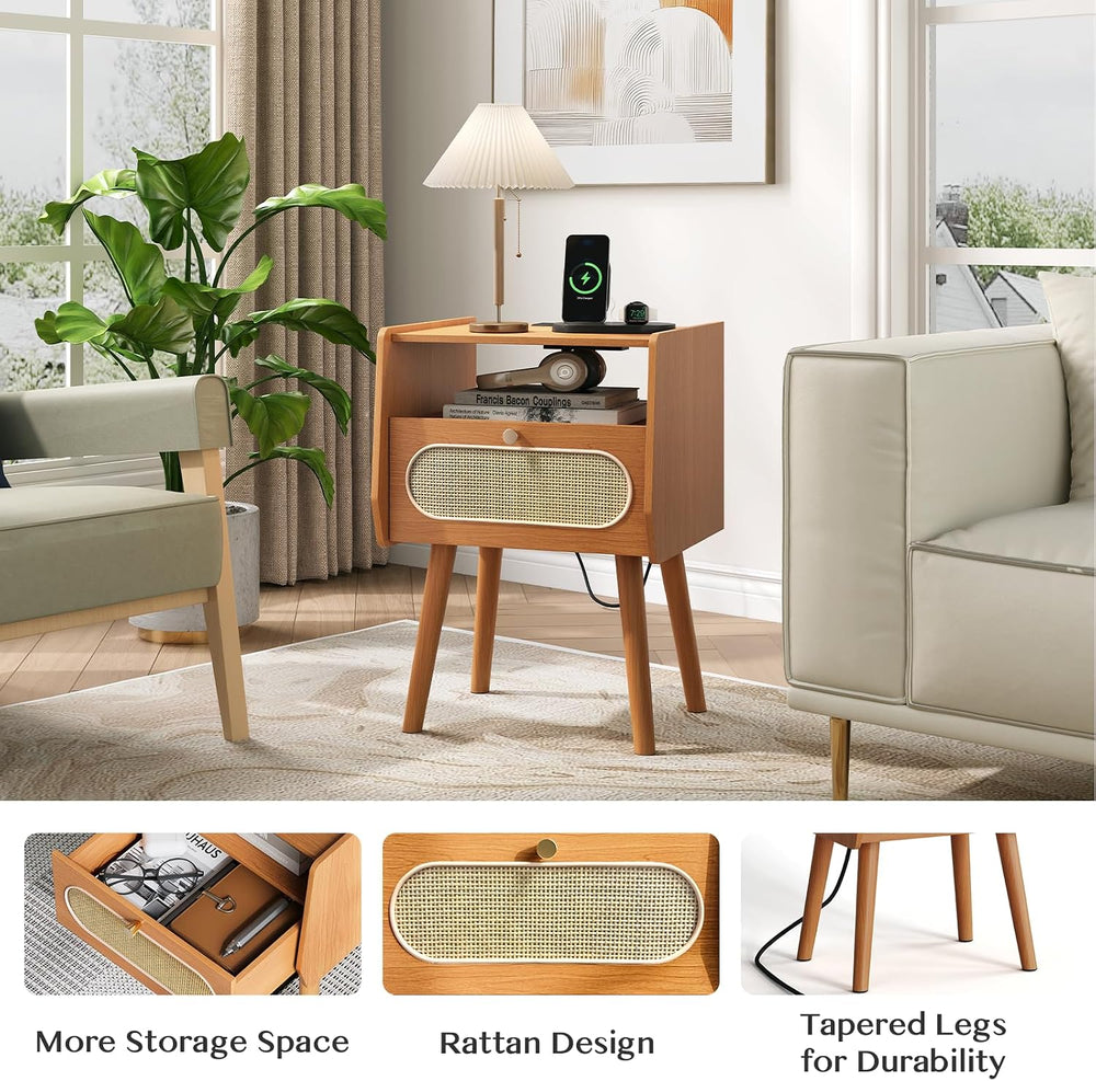 Nightstands Set of 2,Mid Century Modern Side Table with Charging Station &...
