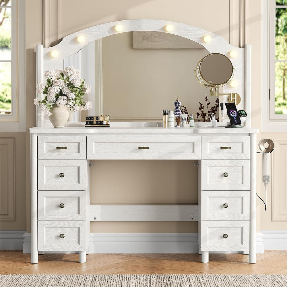 STO'SENSE Vanity Desk with Mirror and Lights, Makeup Vanity Table with 9 ...