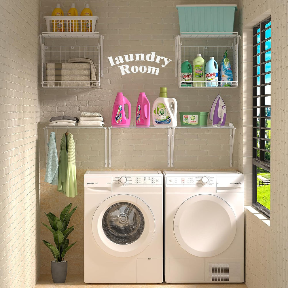 2 Pack Laundry Room Shelves Wall Mounted with Wire Baskets, Over the Washer a...