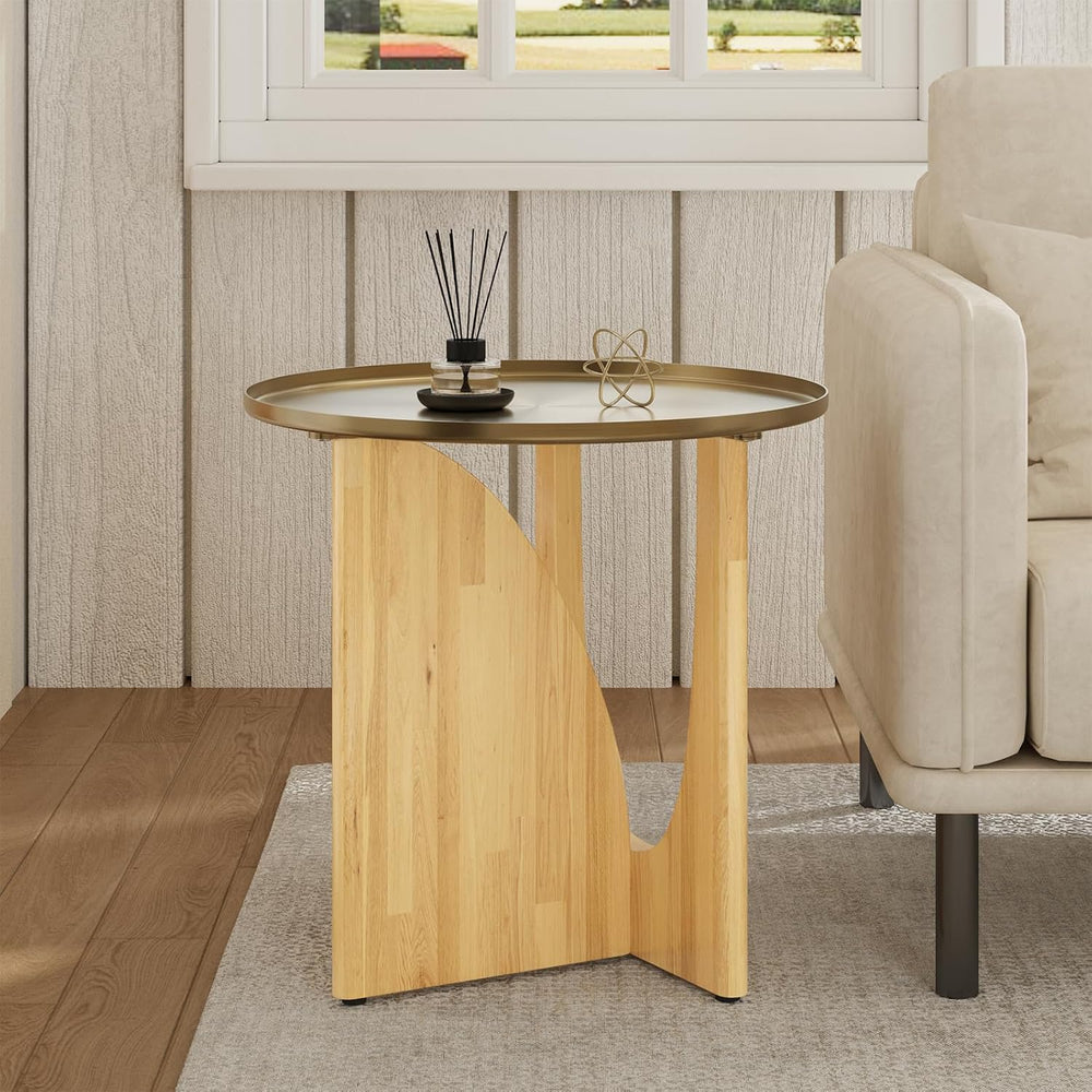 Farmhouse Rubberwood End Table, Beige Rustic End Table with Stainless Steel T...