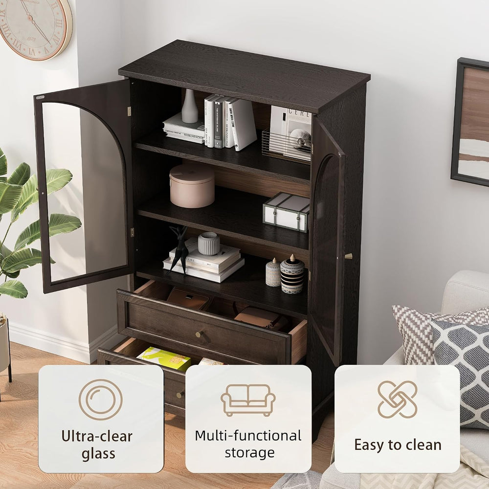 52.17" Tall Display Cabinet with Arched Glass Doors (Brown) | Farmhouse ...