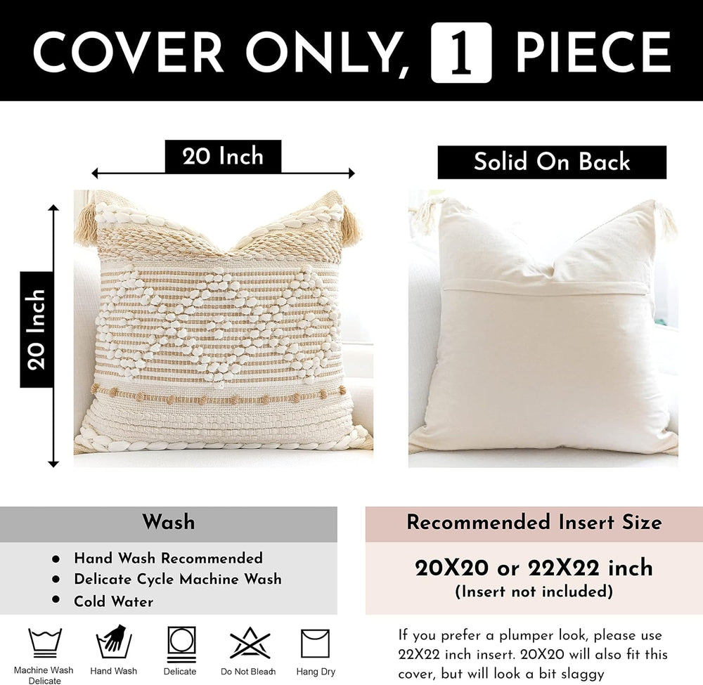 BlissBlush Cream White Boho Throw Pillow Cover 20X20, Boho Woven Textured Pil...