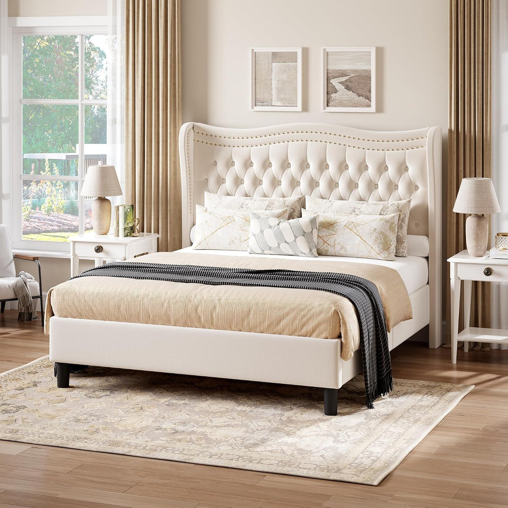 Upholstered King Size Bed Frame with Tall Headboard, Velvet Wingback Platform...