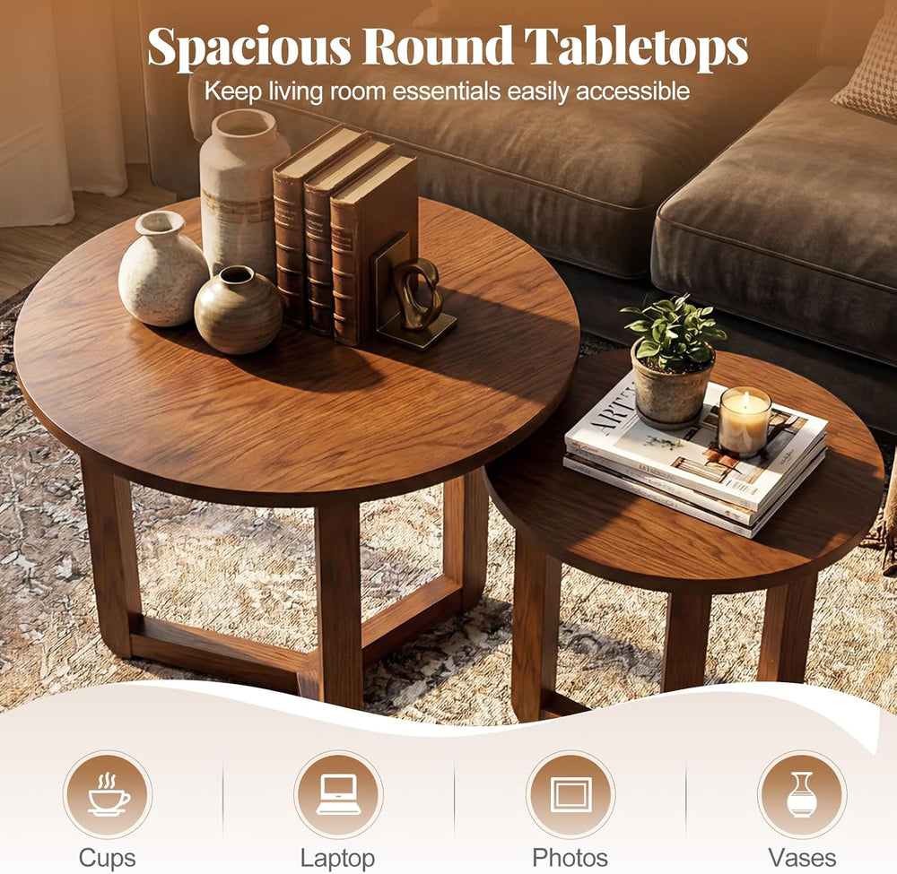 KOTEK Nesting Table Set of 2, Round Coffee Table for Living Room (Walnut) | M...