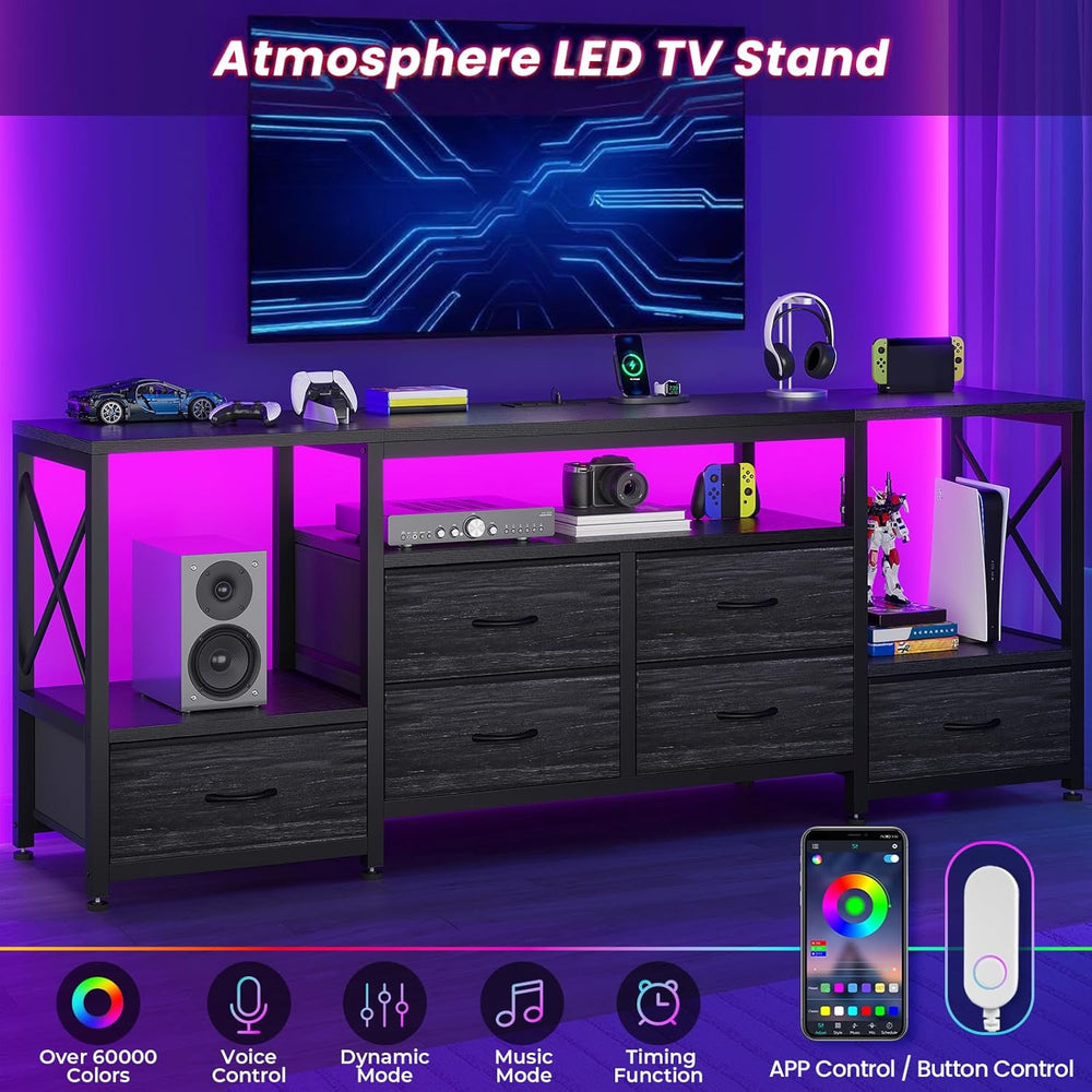 HAUOMS TV Stand for 75 Inch TV,Charcoal Black Wood Grain Print | Entertainmen...