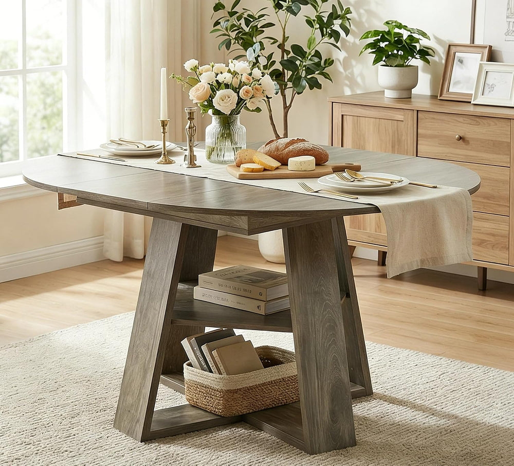 43.3"-59" Round Extendable Dining Table for 4-6 Industrial Grey Woo...