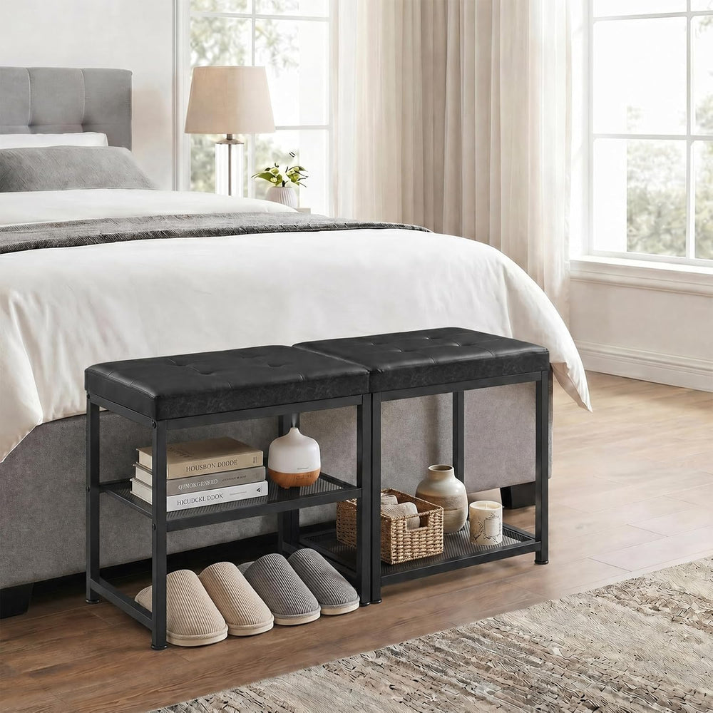 DreamDashio Set of 2 Small Shoe Storage Benches with PU Leather Cushion, 3-Ti...