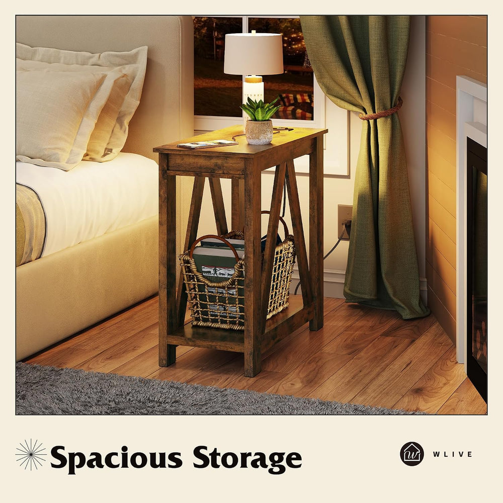 WLIVE Farmhouse End Table, Narrow Side Table with Charging Station, Slim End ...