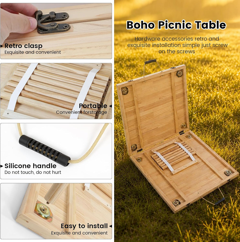 60" x 30" Boho Low Picnic Table, Foldable Solid Wood Construction