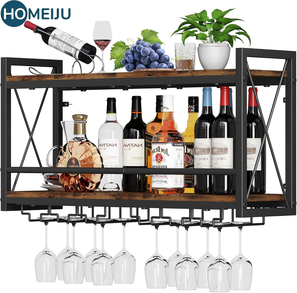 Homeiju Wall Mounted Wine Rack, Bottle & Glass Holder Wood-Metal Retro Wi...