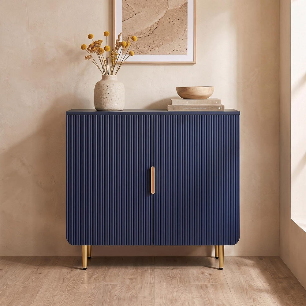 WelFurGeer Blue Fluted 2-Door Buffet Cabinet, Modern Coffee Bar & Sideboard