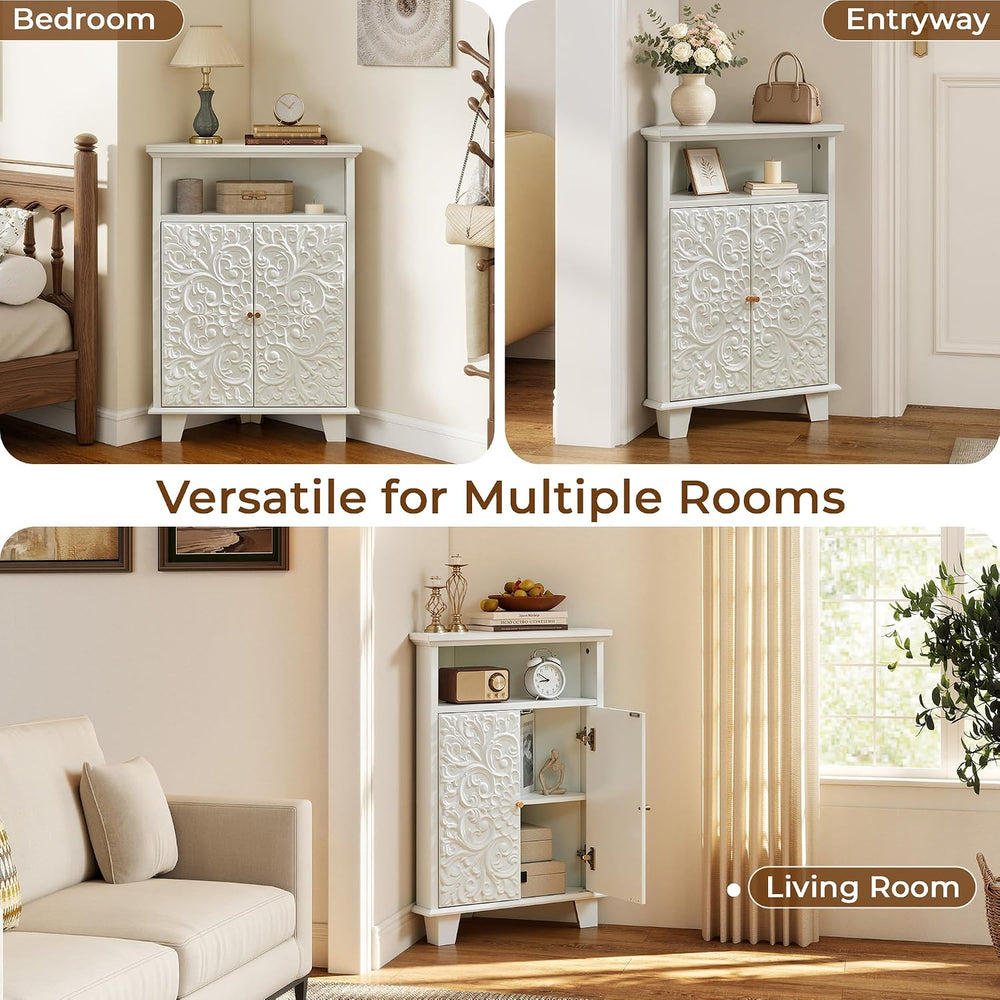 Corner Storage Cabinet, 31.5" Floral Accent Cabinet for Small Spaces, White