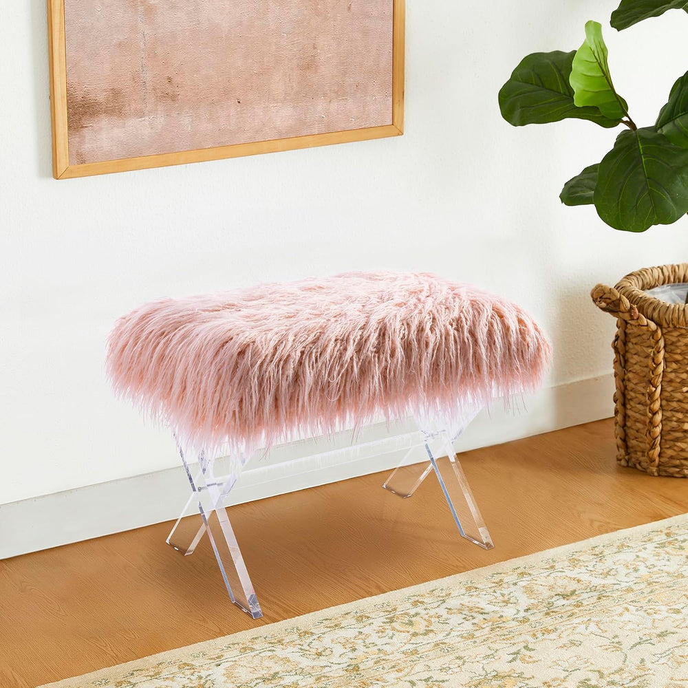 Glitzhome Ottoman Bench, Pink Faux Fur Ottoman Foot Rest, Modern Vanity Stool...