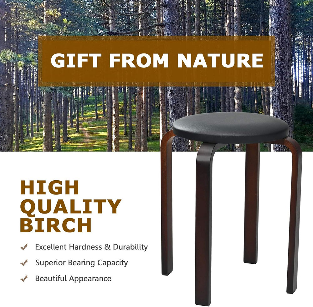 Round Wooden Stools, 4 Sets Stackable Wood Bar stools w/Cushioned Seat, Non-S...
