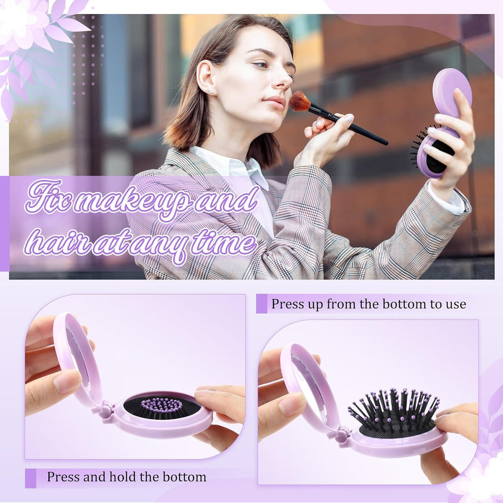 Sliner 60 Pcs Mini Folding Hair Brush with Mirror for Women, Purple