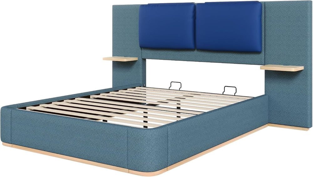 Peanu Queen Bed Frame, Upholstered Panel Headboard, Blue Finish