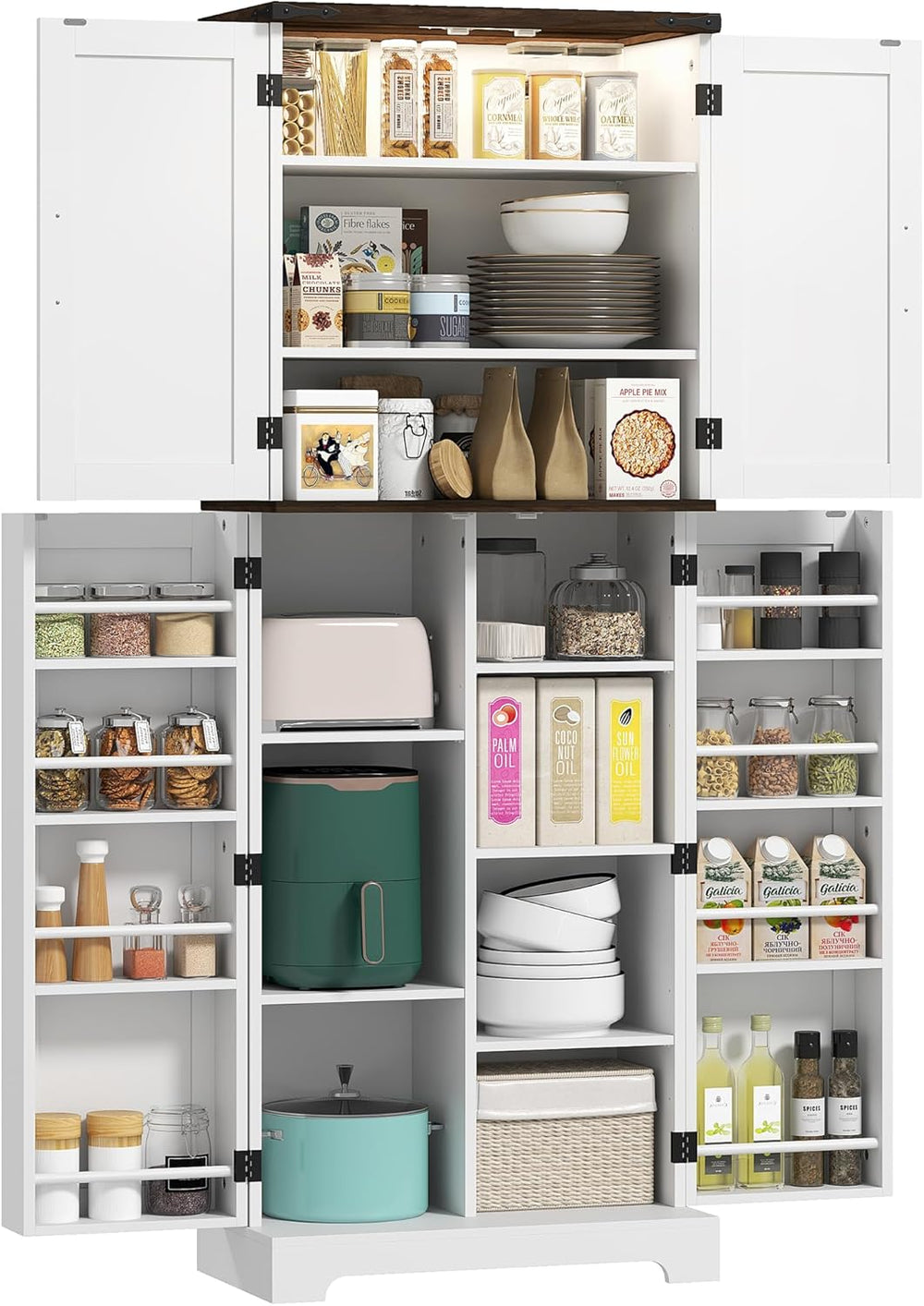 HOMCOM 64" Kitchen Pantry Cabinet with LED Motion Sensor Light, Farmhous...