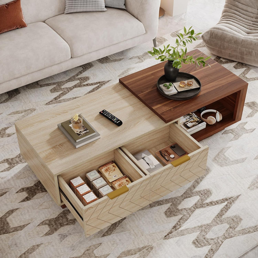 Tribesigns Extendable Coffee Table with 2 Storage Drawers, Dual-Tone Center T...