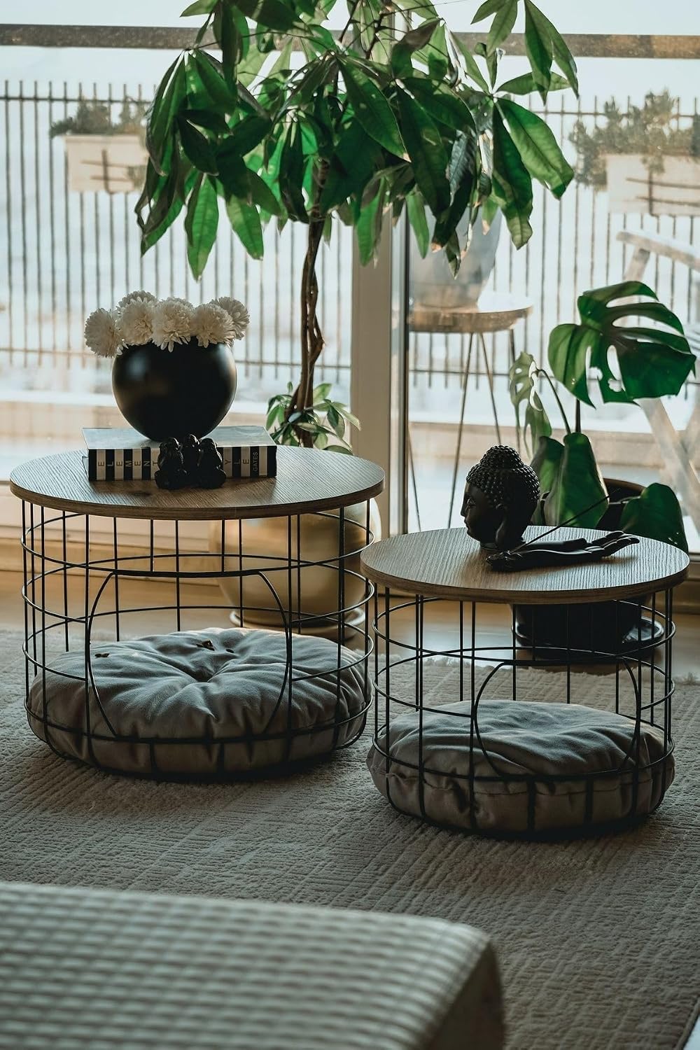 2-Piece Nesting Side Table Set with Cushions Scandinavian Style Round MDF and...