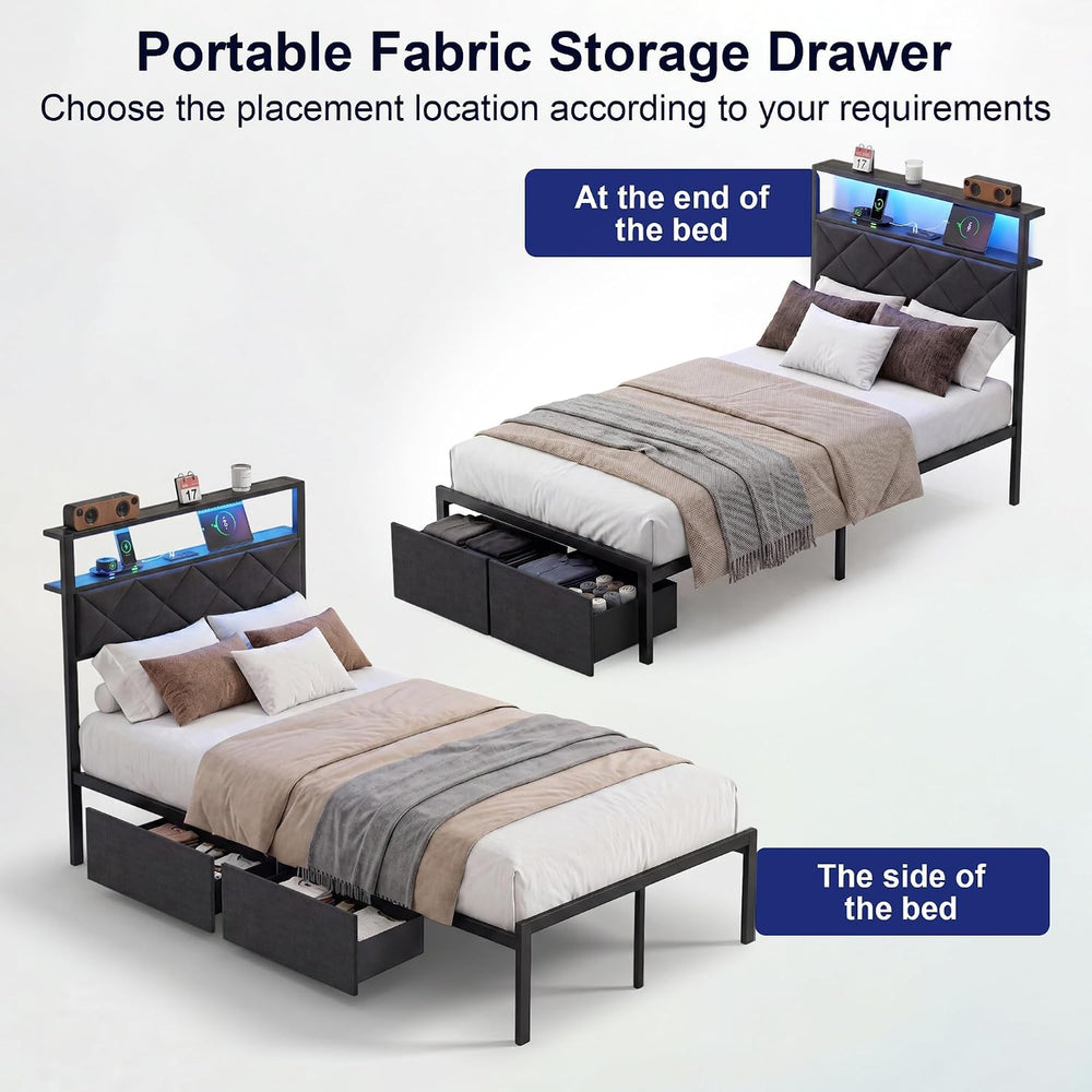 Twin Bed Frame with LED Lights, Charging Station & 2 Storage Drawers, Met...