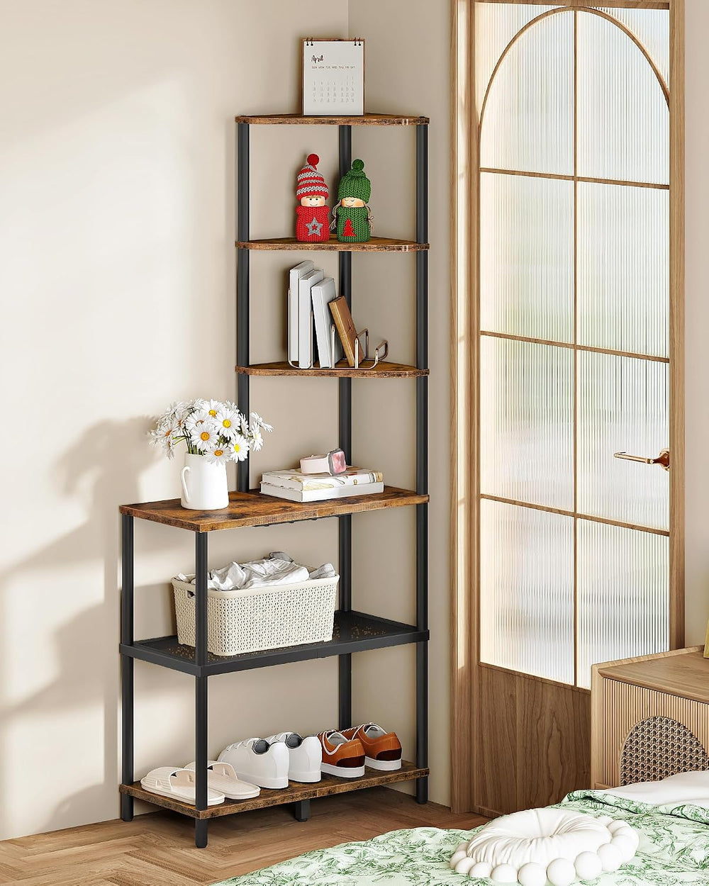 CHOEZON 6-Tier Corner Shelf, Industrial Corner Bookshelf with Desk Top, Diamo...