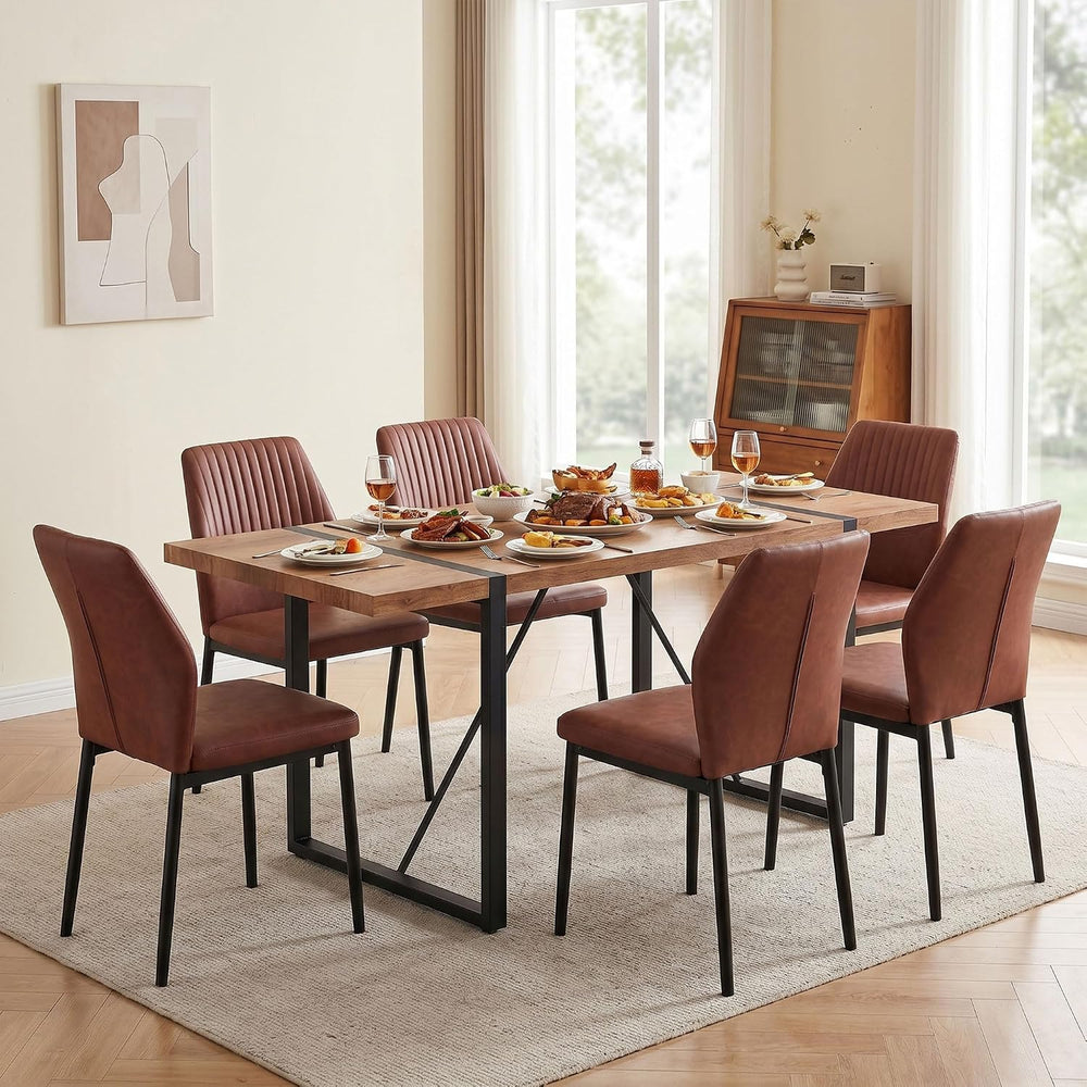 Dining Chairs Set of 6, Brown PU Leather Dining Chairs, Comfortable Upholster...