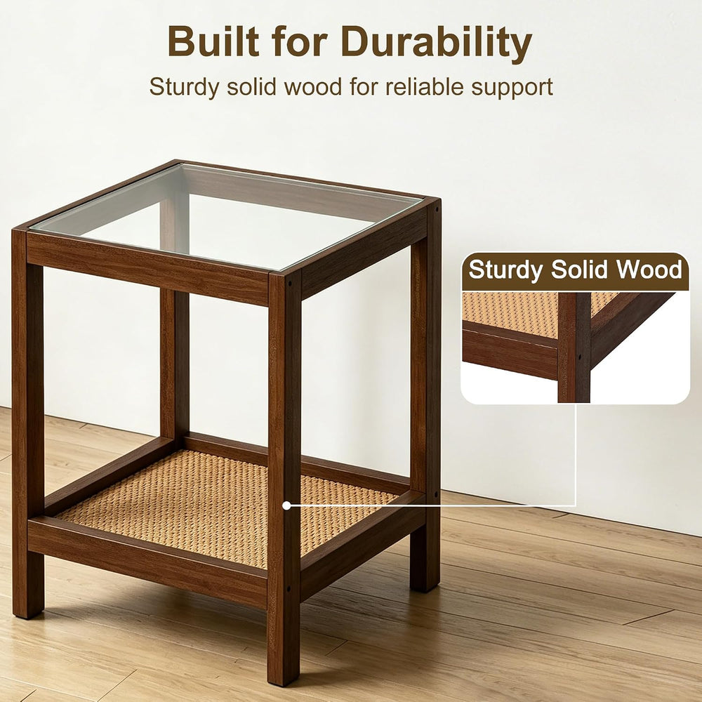 wanan Solid Wood End Tables Set of 2, Boho Rattan Nightstand with Glass Top &...