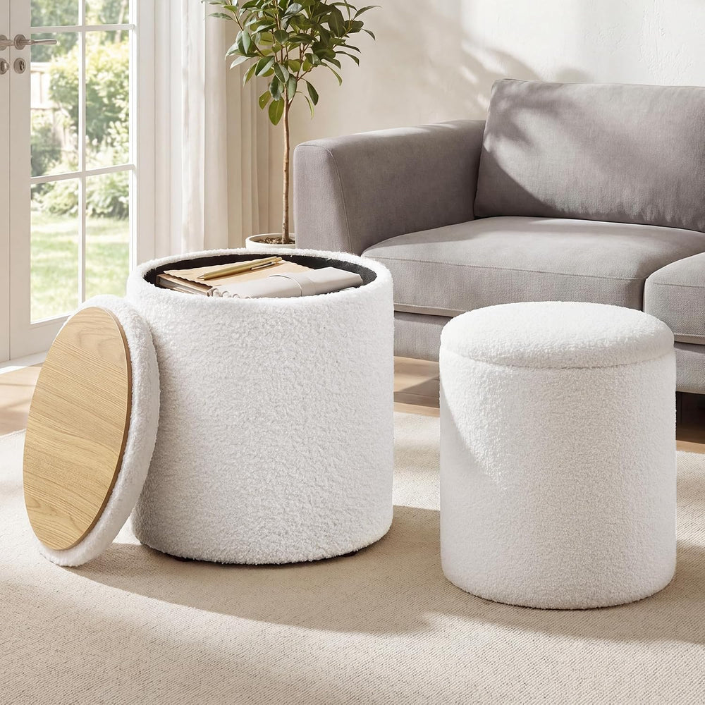 SONGMICS Vanity Stool, Set of 2, Round Storage Ottoman, Teddy Fleece | Small ...