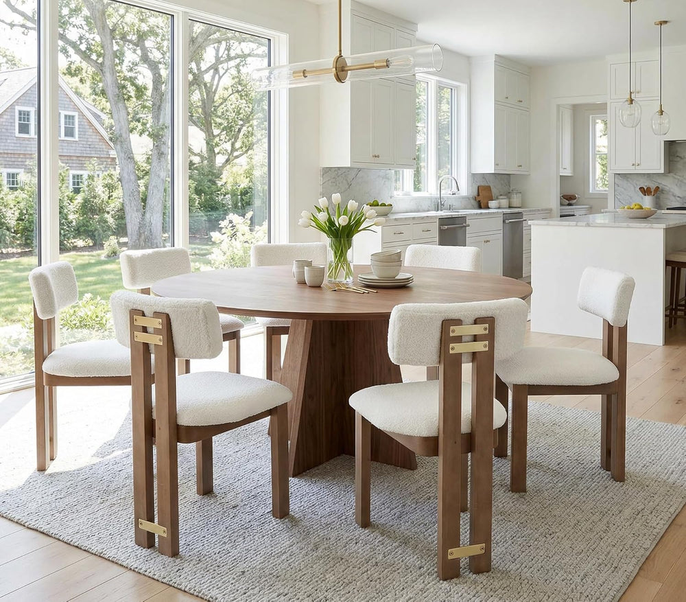 BESTANO Sherpa Boucle Wooden Dining Chairs Set of 4, Modern Farmhouse Dining ...