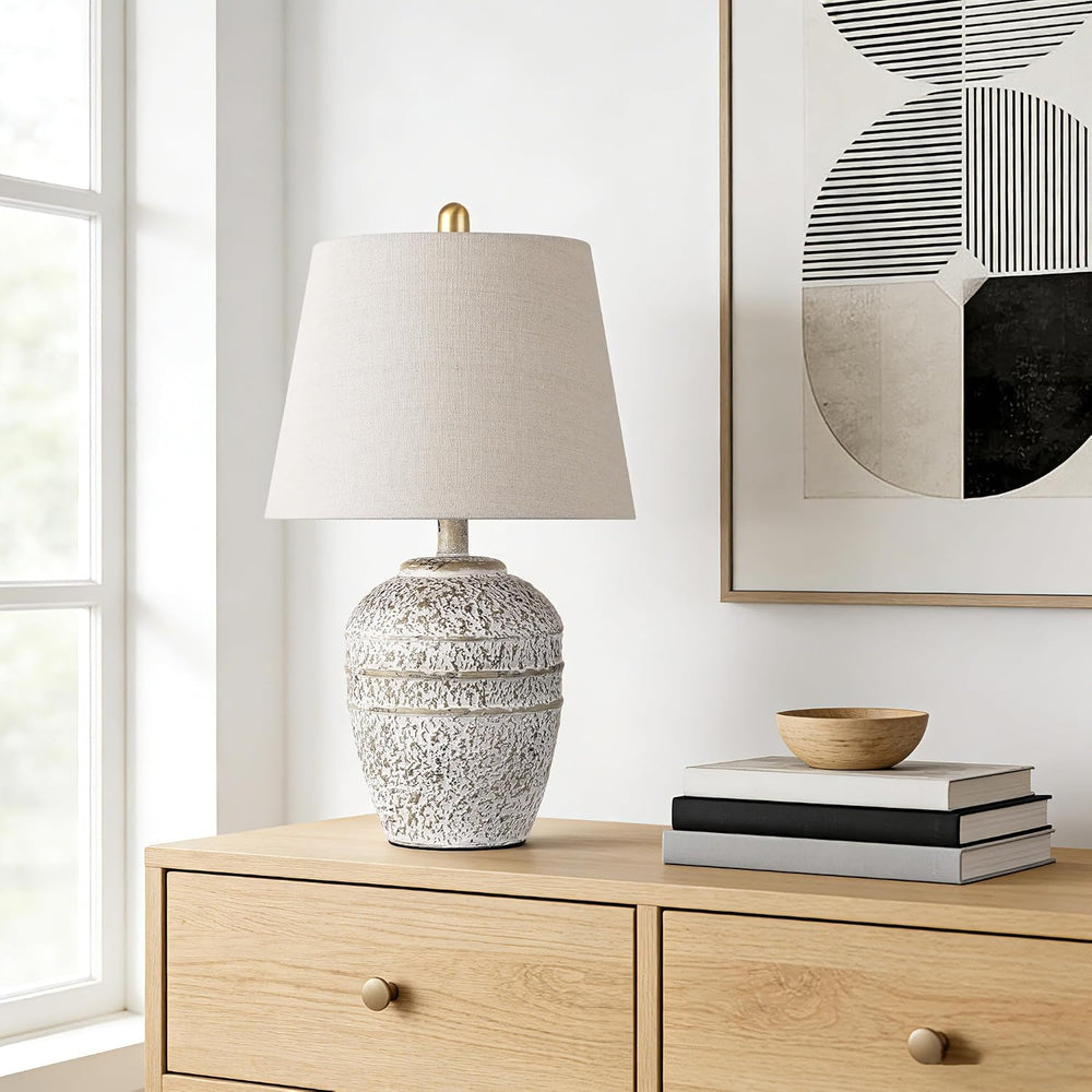 Farmhouse Ceramic Table Lamp, Natural Distressed Earth Tone Finish, Grey