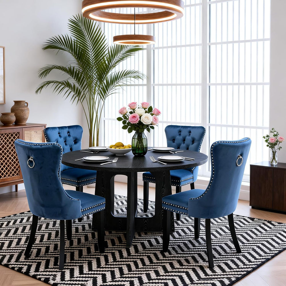 5-Piece Round Dining Table Set for 4, 47" Black Farmhouse Kitchen Table ...