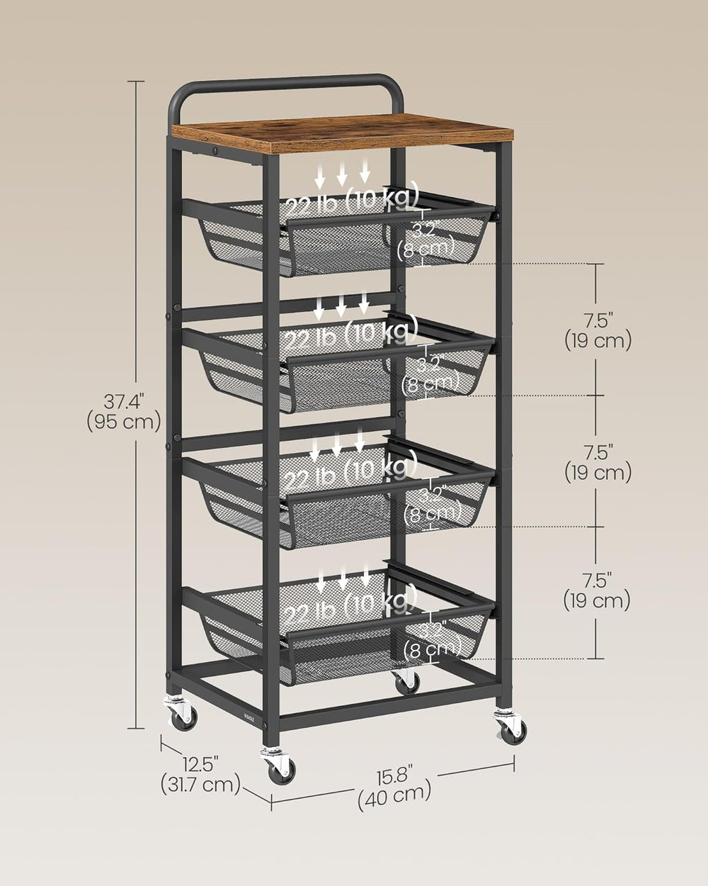 VASAGLE Storage Rolling Cart with Pull-Out Baskets, 5-Tier Utility Cart Orgni...