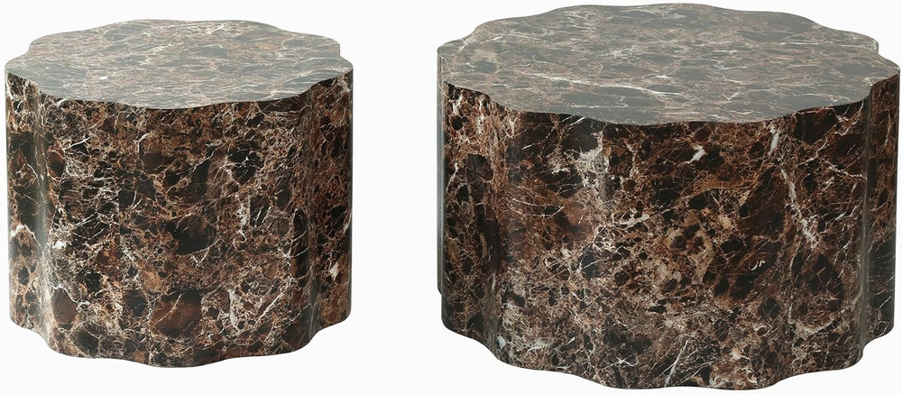 Round Coffee Table Set of 2 with Marble Look Veneer,Round Coffee Table and Si...