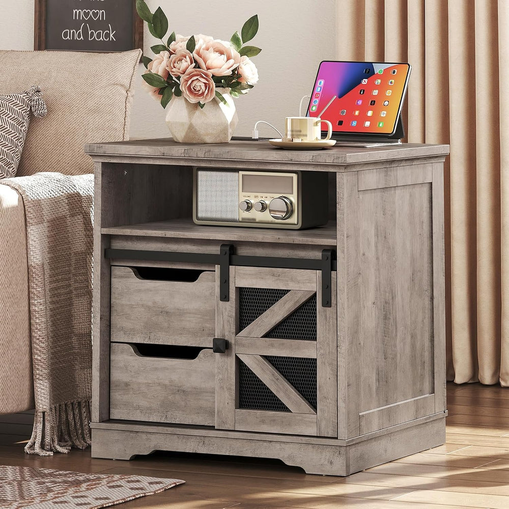 RALGEND Farmhouse End Table with Charging Station, Sofa Side Table with 2 Dra...