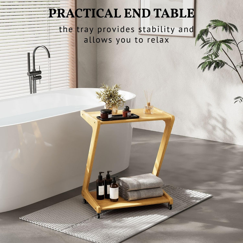 ZIYOO Z-Shaped End Table with Wheels, Natural Bamboo Couch Side Table that Sl...